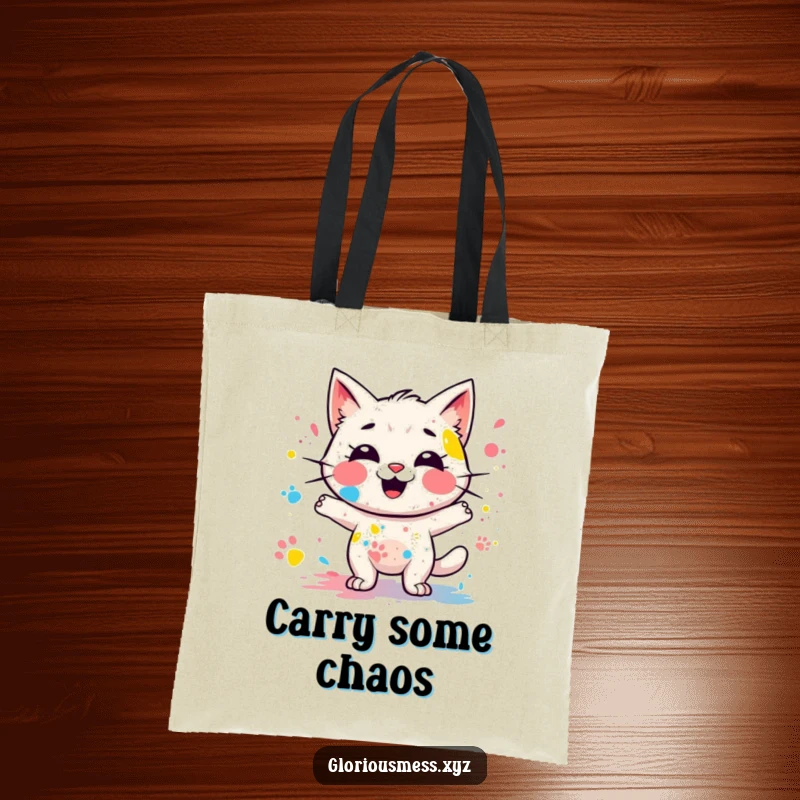 Funny tote bag with a giggling, messy paint splatter character leaving colorful paw prints, carrying art and fun, a great funny gift.