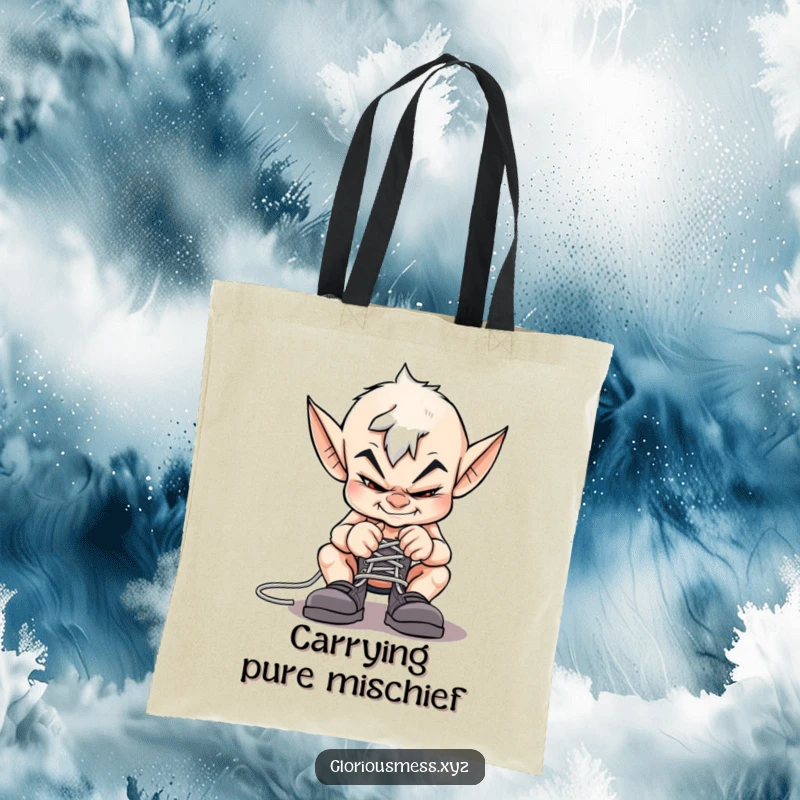 Funny imp tote bag showing a mischievous imp with a sly grin, tying shoelaces together.