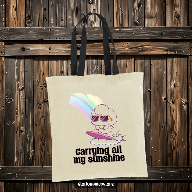 Funny tote bag featuring a cloud in sunglasses surfing a rainbow, a vibrant and humorous accessory for everyday use.