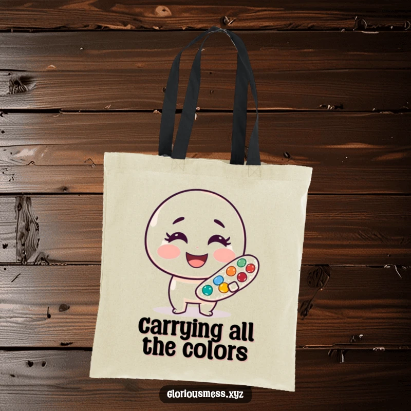 Funny tote bag with a cheerful, smudged paint palette character, perfect for artists and a great funny gift option.