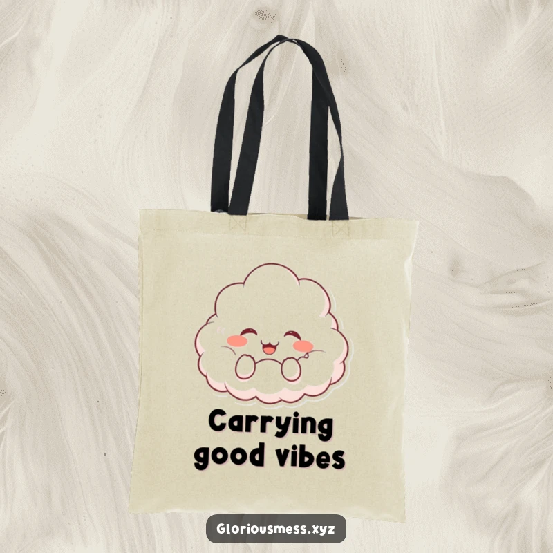 Funny tote bag featuring a fluffy cloud character giggling uncontrollably, perfect for carrying daily necessities with a dose of joy.