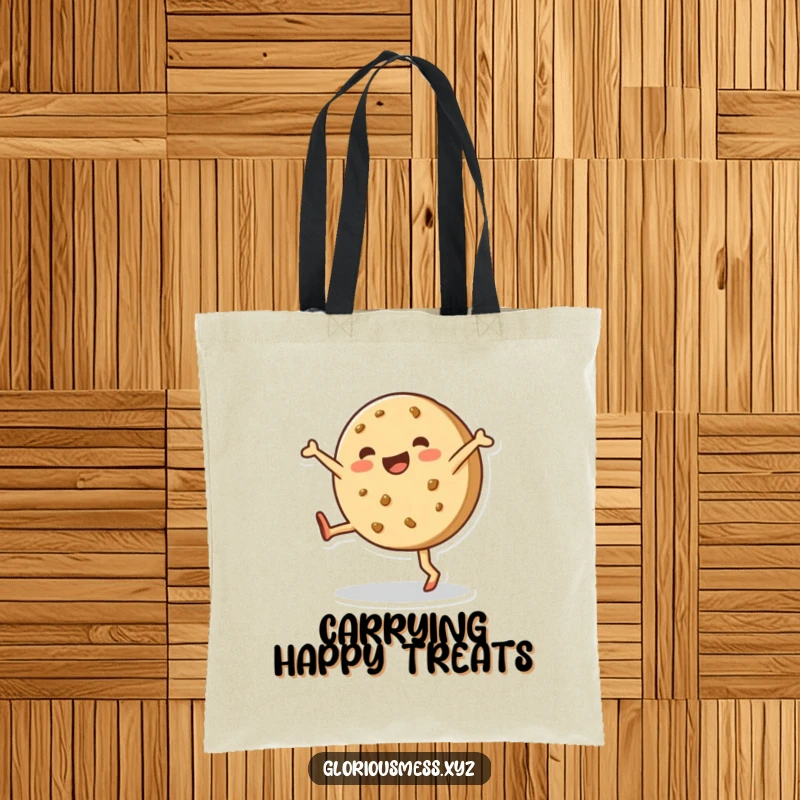 Funny tote bag with a happy, lopsided cookie enthusiastically doing a cartwheel, perfect for carrying daily items.