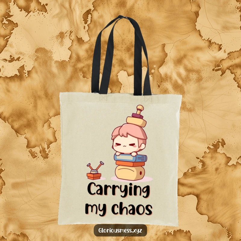Funny Tote Bag: Mischievous character attempting to balance a huge, wobbly stack of items, a funny gift for shoppers.