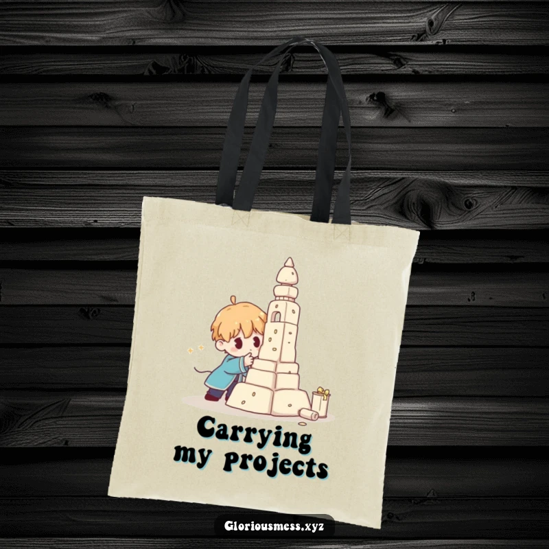 Funny Tote Bag illustrating a character's struggle with a collapsing sculpture, symbolizing the ups and downs of artistic endeavors.