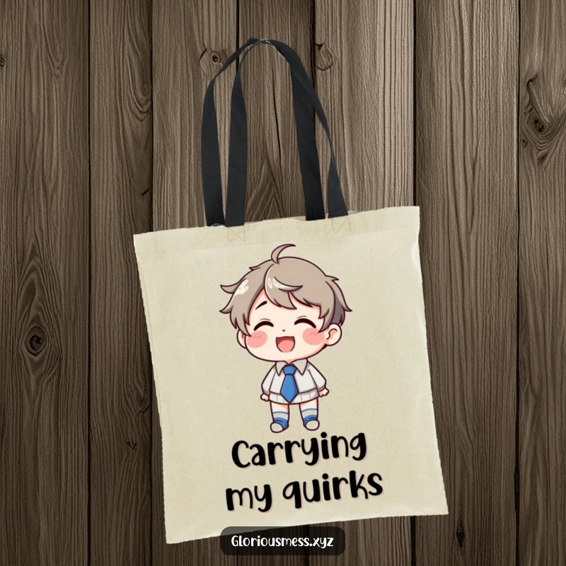 Funny Tote Bag: Giggling character with mismatched socks and crooked tie, a joyful and funny gift.