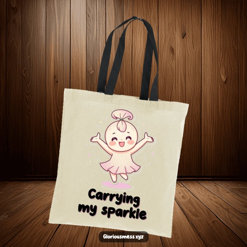 Funny Tote Bag: Happy character covered in glitter spinning with arms outstretched, a humorous and sparkly funny gift.