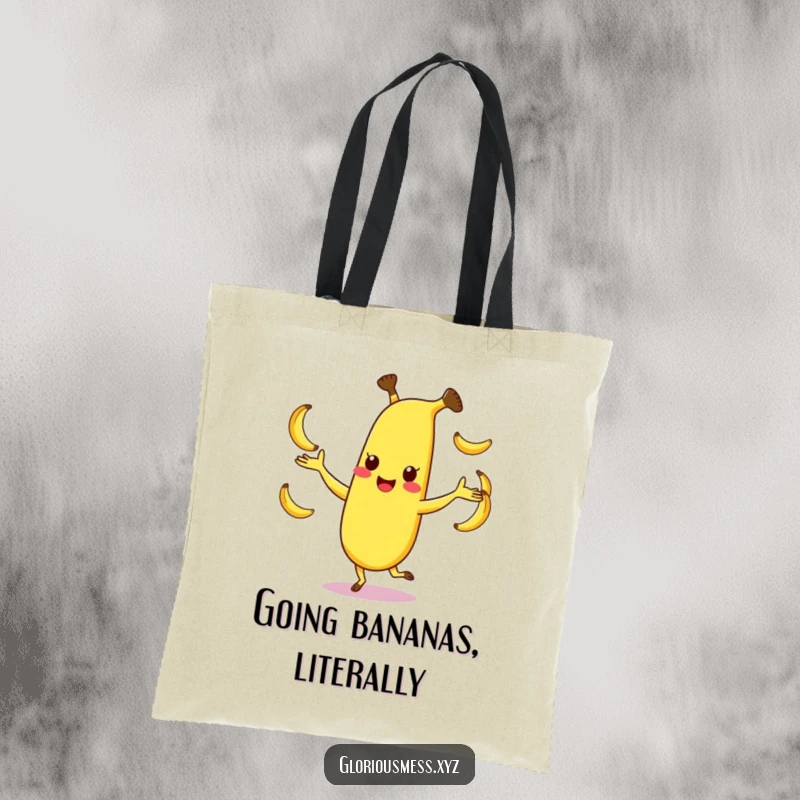 Funny tote bag with a happy, dancing banana character juggling smaller bananas, carrying fun and style, a great funny gift.