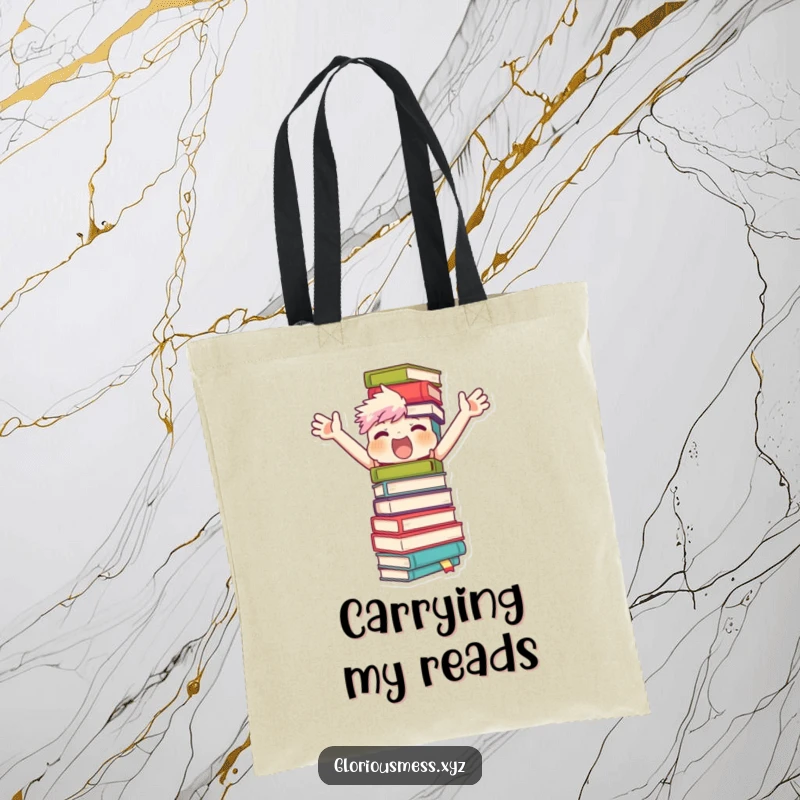Funny tote bag showing a character with arms wide, trying to keep a teetering tower of books from falling, a humorous carry-all for book lovers.