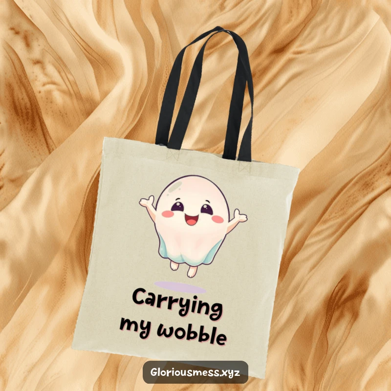 Funny tote bag featuring a wobbly jelly character bouncing ecstatically, perfect for carrying essentials with joy.