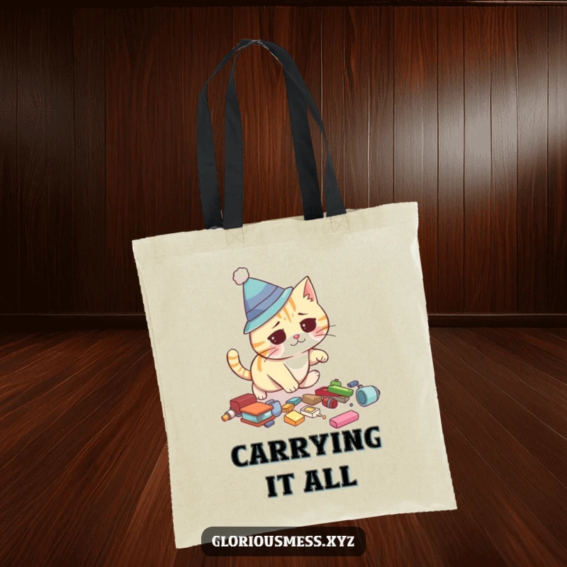 Funny tote bag with a confused cat wearing a silly hat, tripping over scattered items, perfect for meme lovers and cat fans.