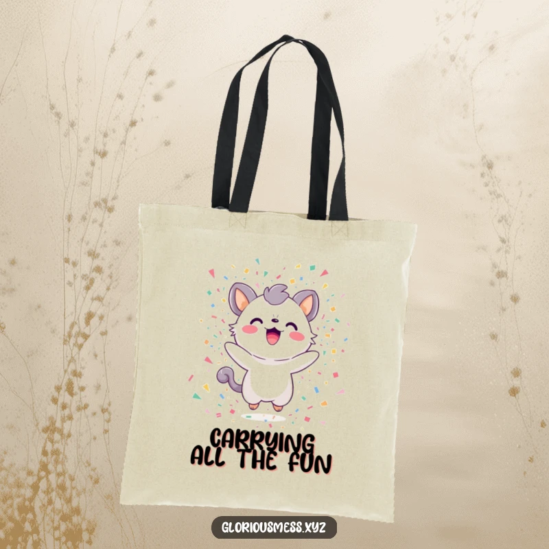 Funny Tote Bag with a delighted creature in a spectacular confetti explosion, perfect for carrying essentials with style and humor.