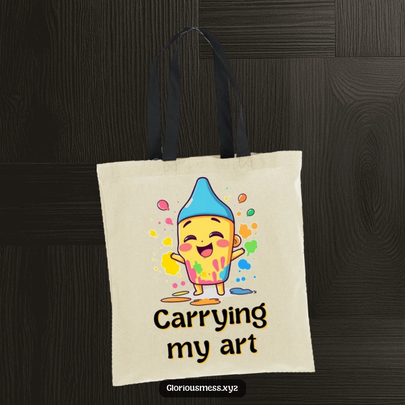 Funny tote bag with a giggling crayon character wildly smearing colorful paint, perfect for carrying art supplies or daily items.