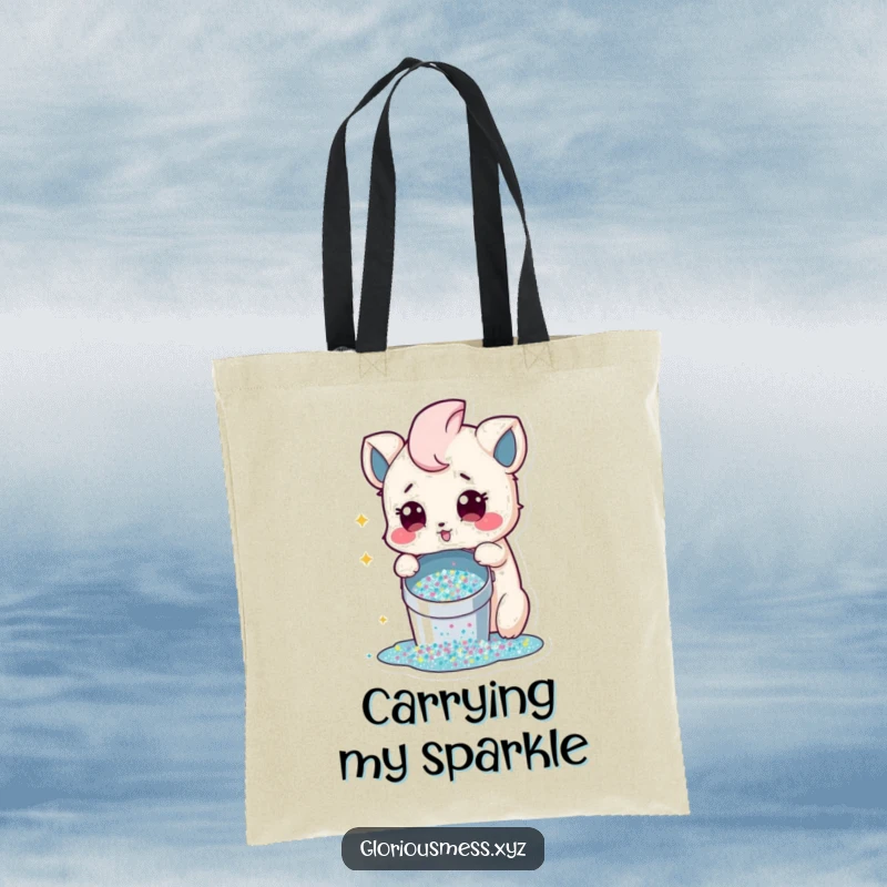 Funny Tote Bag showing a creature looking surprised after spilling a bucket of glitter, perfect for carrying items with flair.