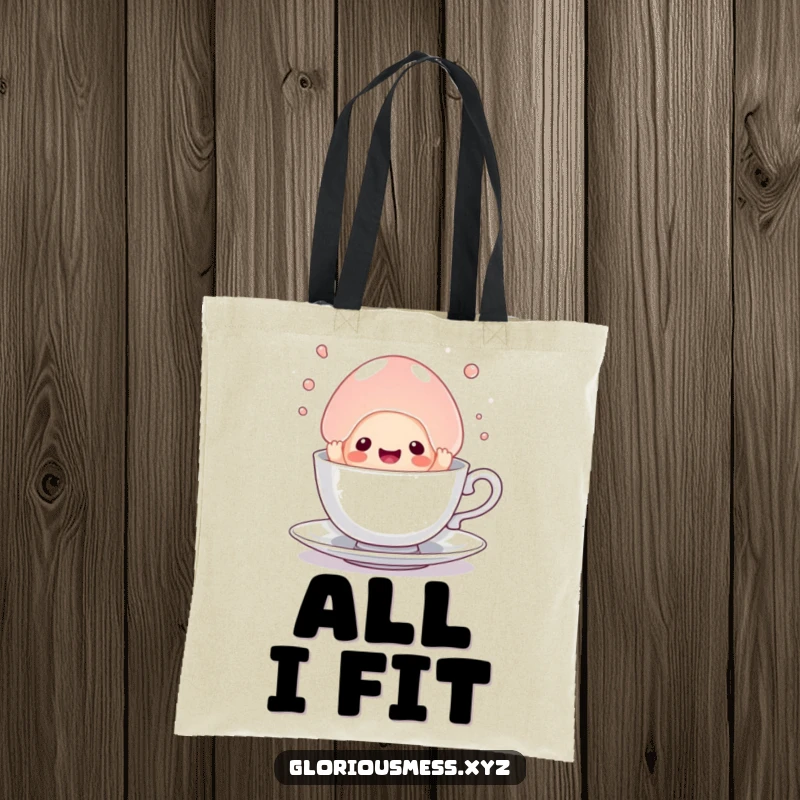 Funny tote bag featuring a sentient jelly blob hilariously trying to escape a small teacup, a humorous and practical accessory.
