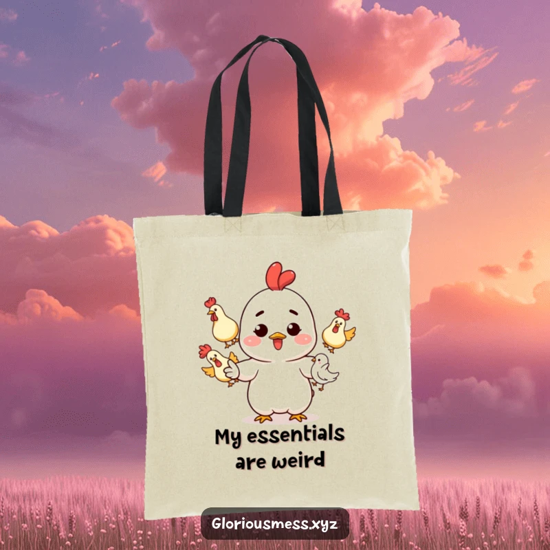 Funny Tote Bag: Character with ink splatters juggling rubber chickens, a humorous and functional funny gift.