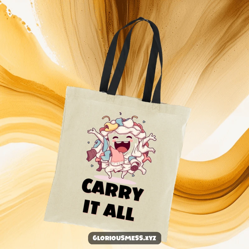 Funny Tote Bag: A sentient pile of laundry humorously doing a wild, energetic, chaotic dance, ideal for carrying items.