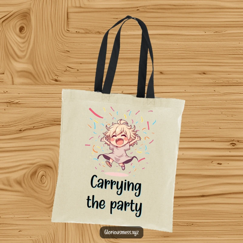 Funny tote bag featuring a joyful, disheveled character dancing wildly amidst a cascade of colorful streamers, ideal for party-goers.