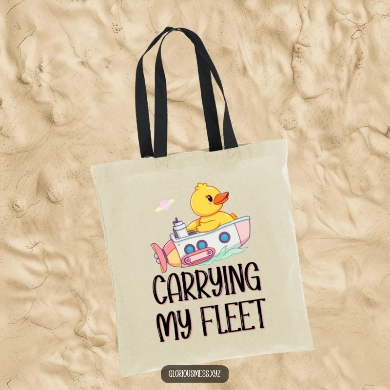 Funny tote bag featuring a rubber duck piloting a submarine through a bathtub nebula, a humorous and practical accessory for daily use.