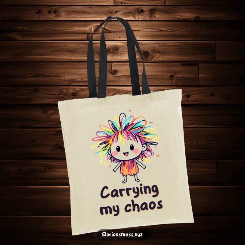 Funny scribble character bursting with colorful energy, a durable and stylish tote bag for carrying essentials with artistic flair.