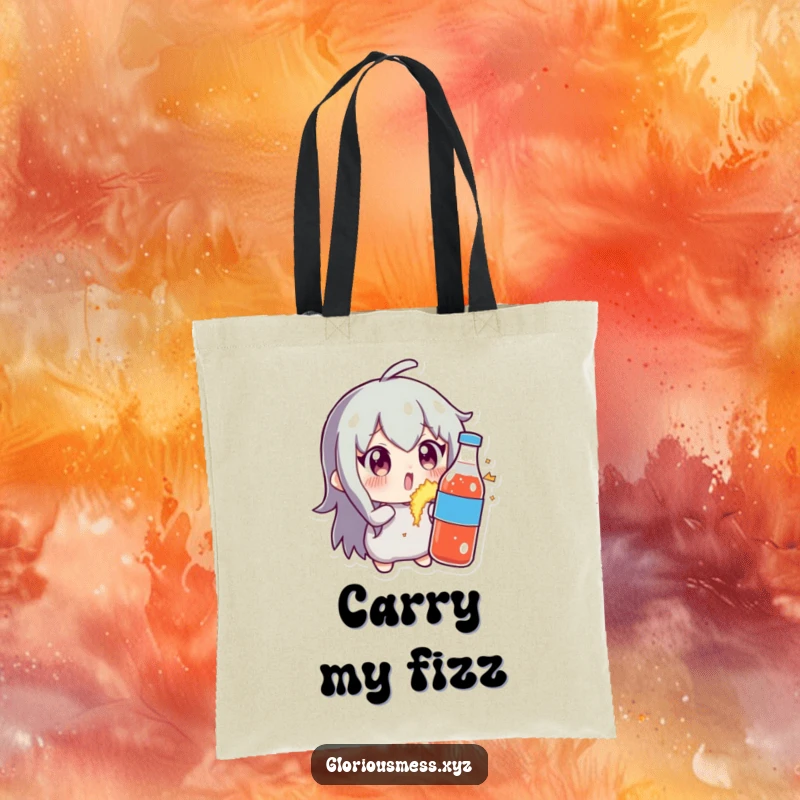 Funny tote bag showing a character with wide-open, shocked eyes looking at a soda bottle that’s beginning to burst with fizzy excitement, a comical mishap.