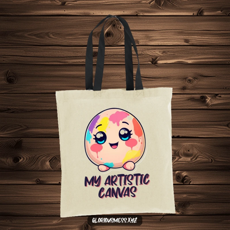 Funny tote bag featuring a cheerful blob character, completely covered in colorful paint, perfect for art class or errands.