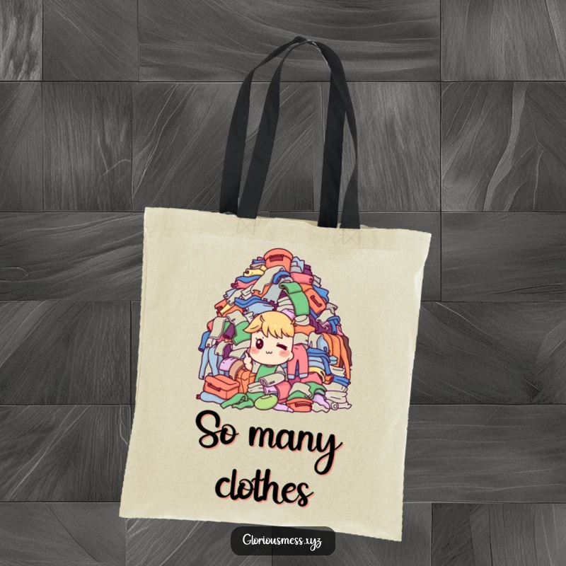 Funny Tote Bag: Character with a knowing wink points to a huge laundry pile, a humorous and practical funny gift.