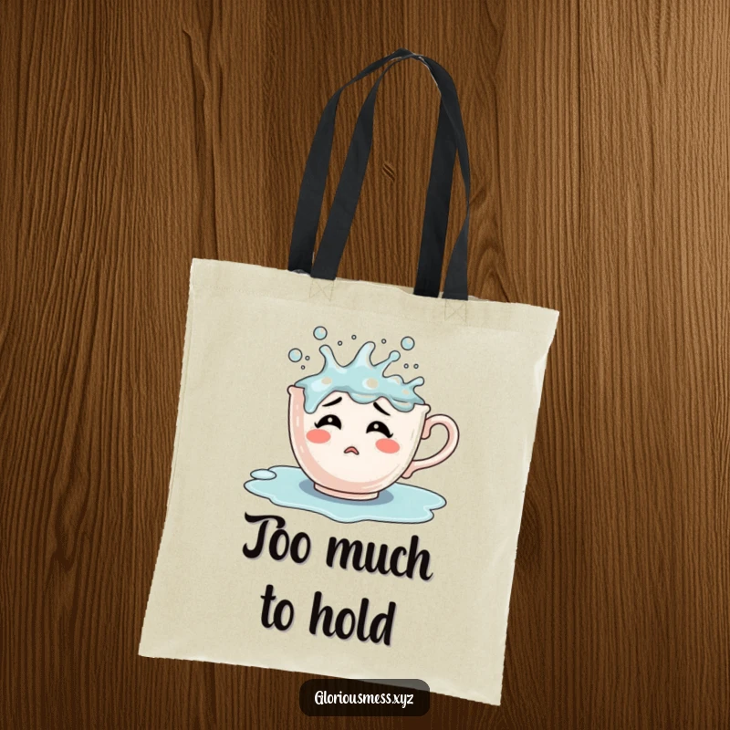 Funny confused teacup character overflowing with bubbling liquid, a practical and humorous tote bag for carrying daily items.